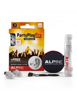 Protector auditivo, PartyPlug PRO, transparente, con estuche, cordon y limpiador.