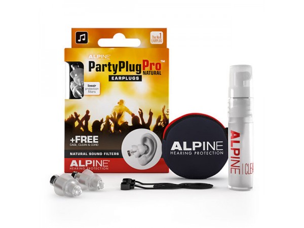 Protector auditivo, PartyPlug PRO, transparente, con estuche, cordon y limpiador.