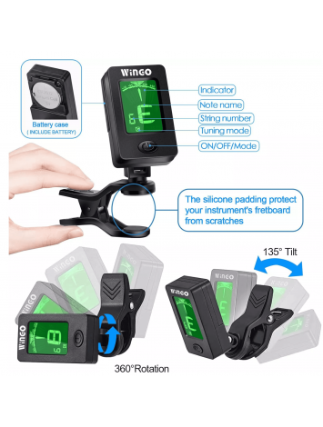 Afinador Clip Wingo T-600 Cromático para Guitarra, Bajo, Violín y Ukelele con Rotación 360° – Importado